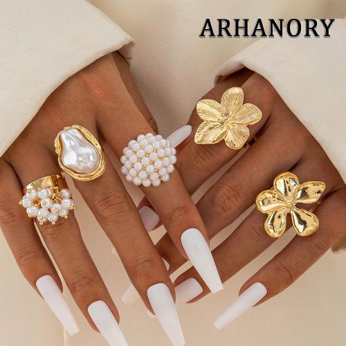 ARHANORY 5-Pack Adjustable Stackable Rings Set Women Chunky Statement Ring Set - Gold