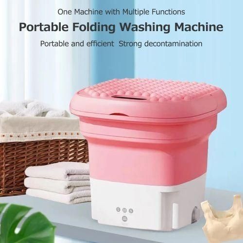 Generic Mini Portable Foldable Washing Machine with Dryer/Drain Basket - Pink/White - image 2
