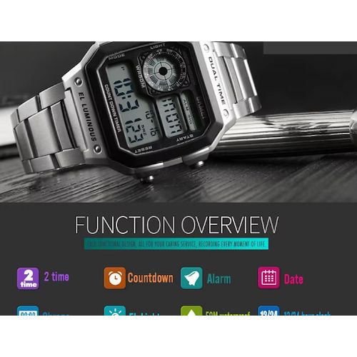 product_image_name-Skmei-1335 Men's Digital Quartz Watch with Stainless Steel Wristband, LED Back Light - Silver-3