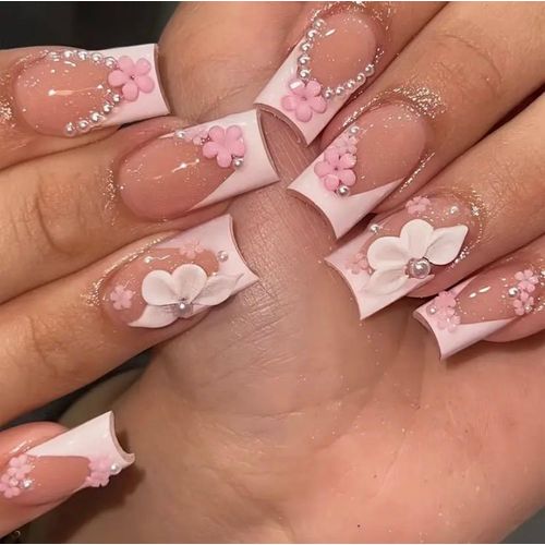 product_image_name-Generic-24 Medium-Length Square Press-On Nails with Classic White French Edge, 3D Three-Dimensional Petals and Pink Five-Petal Flower for Women -1