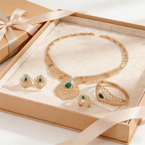 product_image_name-Fashion-4-Piece Gold Plated Green Crystal Green Gem Jewelry Set | Sparkling Necklace Earrings Bracelet Ring | Luxury Gift For Daily & Formal Occasions, Weddings, Church & Dates-7