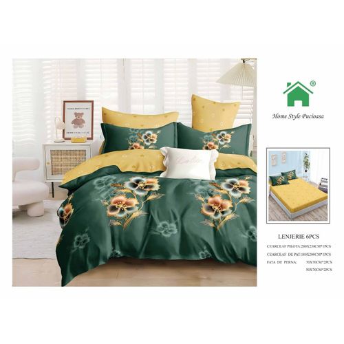 product_image_name-Generic-2Pcs King Size Bed Sheets & 4 Pillowcases Set- Green & Yellow-2