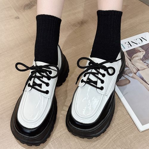 product_image_name-Fashion-Chunky Platform Patent Leather Oxford Shoes for Women Fashion Casual Footwear - Black / White - White - EU 38-3