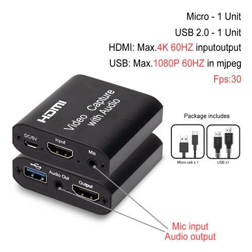 4K 60Hz TV Loop HDMI Video Capture Card USB 2.0 Game Record 1080P Live  Streaming