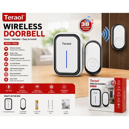 Bells Teraol T002A Wireless Doorbell 38 Polyphonic Sounds, Long Range, 4-Level Volume, LED Flashing Indicator