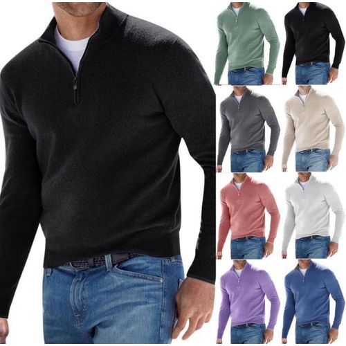 Fashion Men's half-zip V-neck knit sweater - blue - image 3