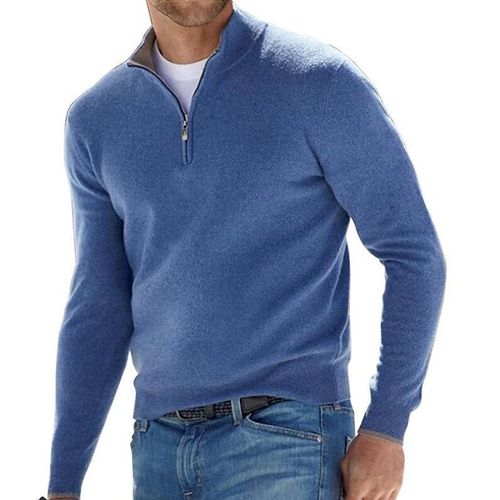 Fashion Men's half-zip V-neck knit sweater - blue - image 4