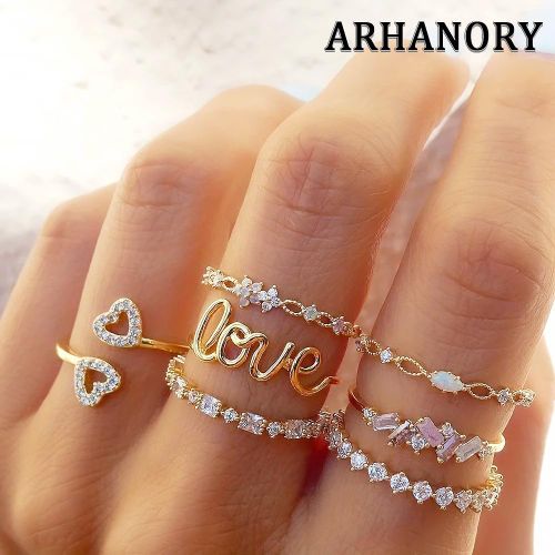 product_image_name-ARHANORY-7pcs Golden Letter Love Rhinestone Joint Ring Set For Women Jewelry Stacking Rings-1