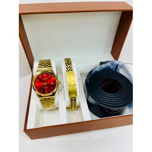 product_image_name-Quartz-3pcs × Men'S Luxury Stainless Steel Watch with Bracelet & Quality Leather Belt - Occasions Watch with Luminous Features, Waterproof - Men's Gift Movement Wristwatch) Gold with Red Screen-1
