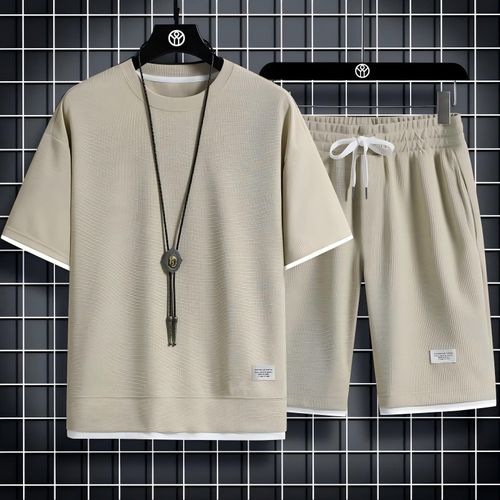 product_image_name-Fashion-Men's Waffle Short Sleeve Piece Summer T Shirt & Shorts set-Khaki-1
