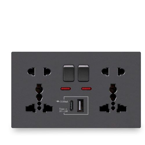 Generic Premium Double Universal Wall Socket with USB & Type-C Fast Charging