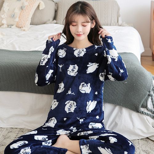 Shop Generic Spring Winter Anti Cold Keep Warm Women Coral Fleece Pajamas  Set of Sleepcoat & Lady Thermal Flannel Home Clothing Bottoms Online