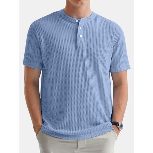 product_image_name-Fashion-Round Neck Short Sleeve T-Shirt With Buttons - Blue-2