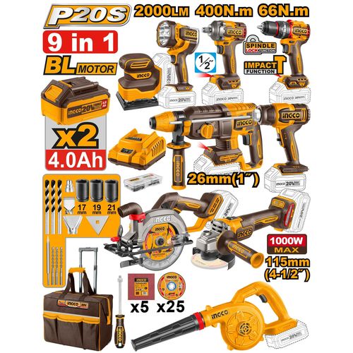 product_image_name-Ingco-COSLI250381 9 Pieces Cordless Industrial Combo Kit 20V - Brown & Yellow-1