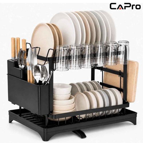 CAPro 2 Tier Dish Rack Large Capacity Dish Drying Rack with Drain Tray Utensil Holder Kitchen Organizer