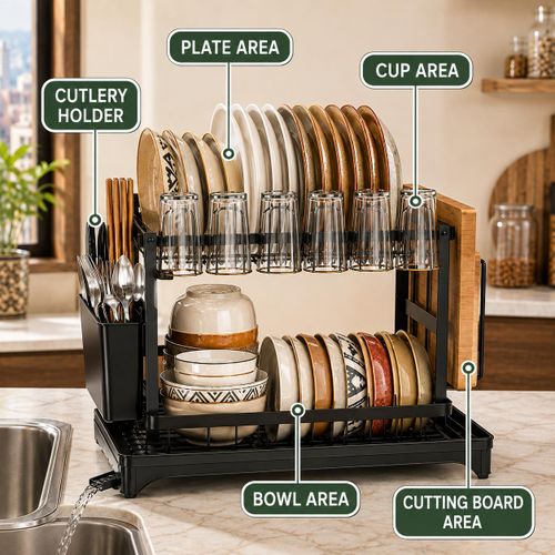 CAPro 2 Tier Dish Rack Large Capacity Dish Drying Rack with Drain Tray Utensil Holder Kitchen Organizer - image 2