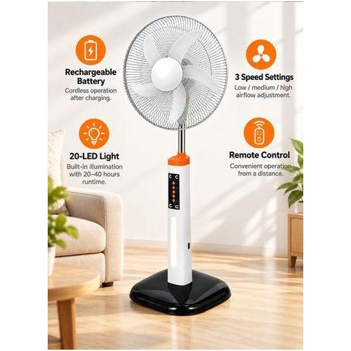 White Label 16" Rechargeable Standing Fan with Remote Control, 3 Speeds, LED Light & Adjustable Height - White - image 2