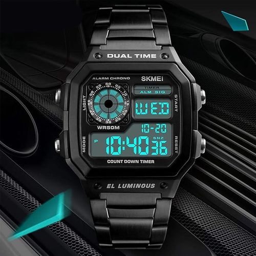product_image_name-Skmei-1335 Men's Digital Quartz Watch with Stainless Steel Wristband, LED Back Light - Black-4