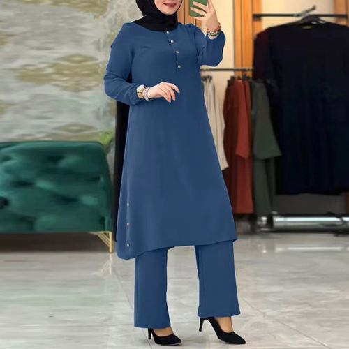 Shop Generic Crew Neck Long Sleeve Side Seams Waist Two Piece Sets Abaya +  Tunic Pants Blue Online | Jumia Ghana