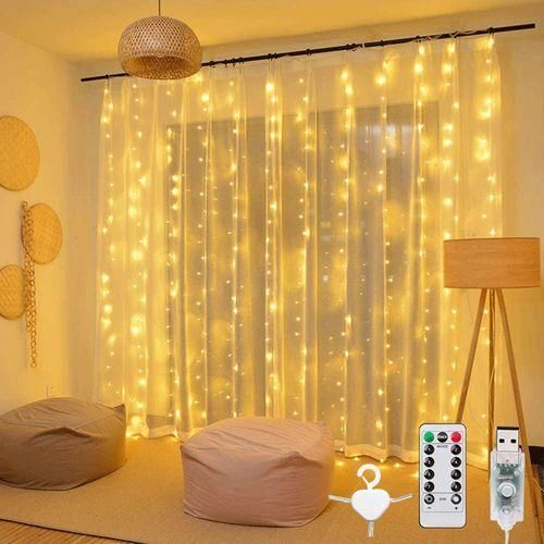 product_image_name-Generic-LBQ 3*3m 300 LED Curtain String Fairy Lights USB Indoor and Outdoor with Remote Control--Warm White Light-2