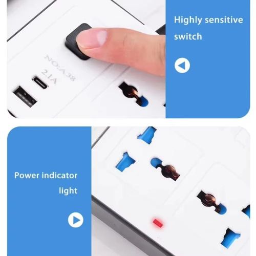 Generic 3-meter long universal plug power multi-splitter, British standard socket, power plug extension cord, USB TypeC port charging, power board socket - image 3