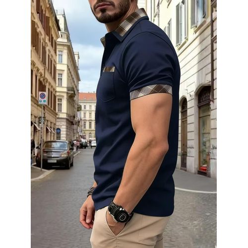 product_image_name-Fashion-Men's Casual Oversized Short-Sleeve T-Shirt Men's Plaid Contrast Collar Polo Shirt - Navy Blue-5