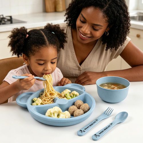 Generic Children's Wheat Straw Dinnerware Set, Bear Divided Plate + Bowl with Spoon & Fork, Safe for Kids, Blue