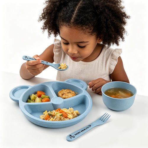 Generic Children's Wheat Straw Dinnerware Set, Bear Divided Plate + Bowl with Spoon & Fork, Safe for Kids, Blue - image 4