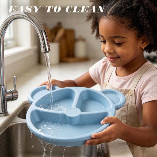 Generic Children's Wheat Straw Dinnerware Set, Bear Divided Plate + Bowl with Spoon & Fork, Safe for Kids, Blue - image 6
