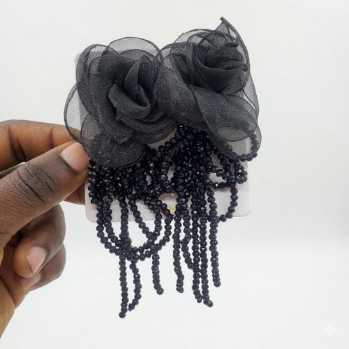 product_image_name-Generic-Elegant Double Black Mesh Rose & Beaded Tassel Statement Earrings-1