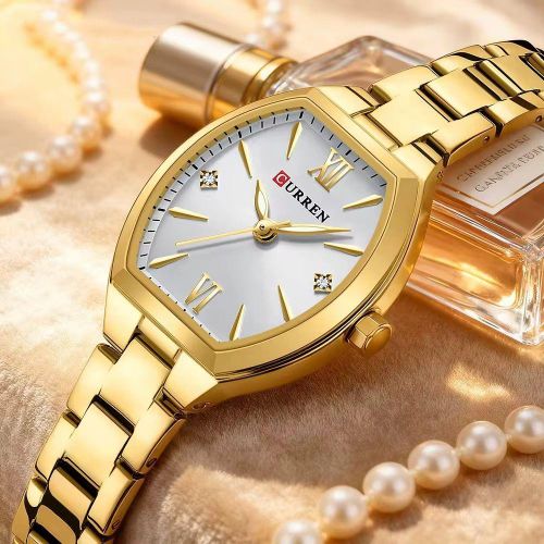 product_image_name-Curren-Fashionable Barrel-Shaped Simple Elegant Quartz Watch Women's Elastic Band Retro Women's Watch-Golden White-1