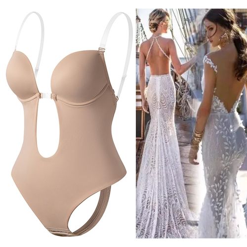 Women Invisible U Plunge Bra Backless Body Shaper Sexy Deep V-Neck Thong Bodysuit  Shapewear Clear Strap Padded Push Up Corset
