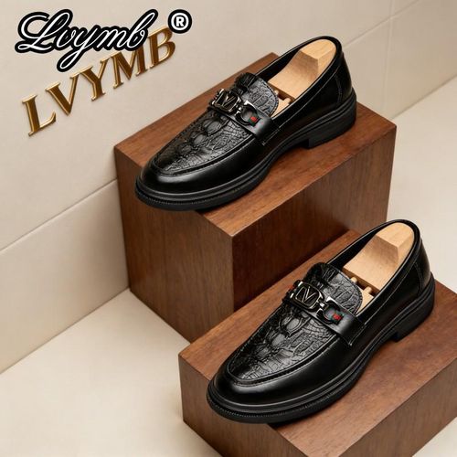 product_image_name-LVYMB-Luxury Metal Buckle Loafers - Crocodile Embossed Leather - Red-Green Webbing Detail - Old Money Style - Black-4