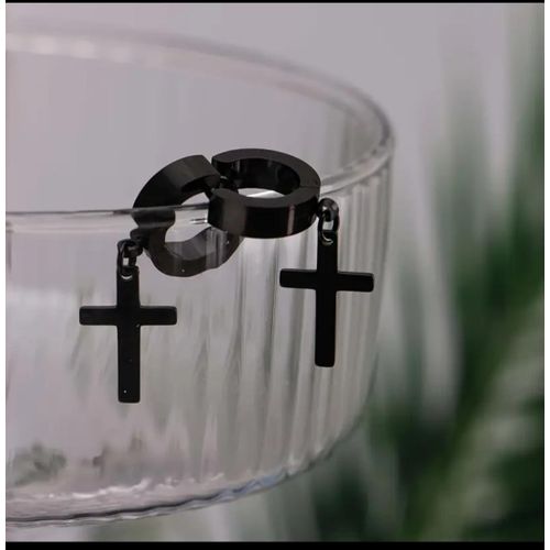 Generic  Earrings hoops with cross pendant – Single Pair for Unisex(Black) - image 4