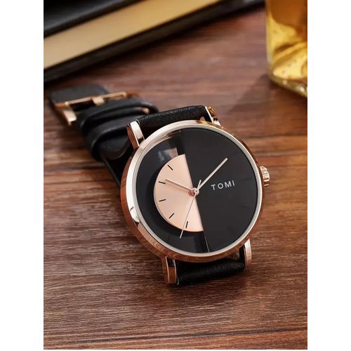 Tomi Mens Leather Watch- Black/Rose
