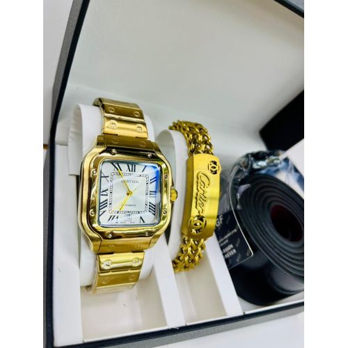 product_image_name-Quartz-3pcs × Men'S Luxury Stainless Steel Watch with Bracelet & Quality Leather Belt Occasions Watch with Luminous Features, Waterproof - Men's Gift Movement Wristwatch) Gold-1