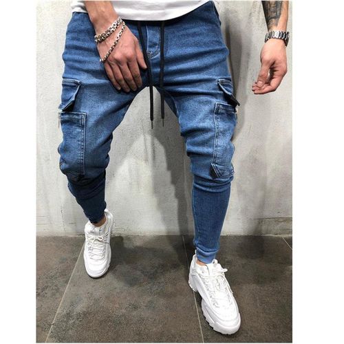 Shop Fashion (blue)Men Hip-Hop Pants Big Pocket Skinny Jeans Zipper Slim  High Quality Jeans Casual Sport Corset Jeans NEW Online
