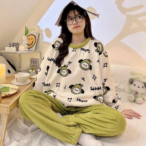 Shop Generic Women Winter Cute Print Flannel Pajamas Velvet Soft Warm Long  Sleeve Pants 2pcs Set Homewear Fleece Pajama Sets Sleepwear Online