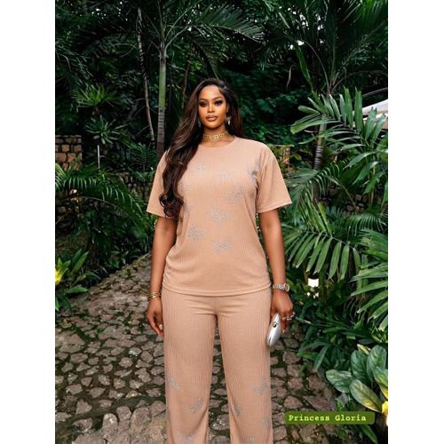 Fashion Chic Rhinestone Butterfly Ribbed Lounge Set