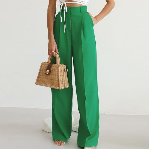 Shop Generic Wide Leg Pants Women Pleated Elegant Lady Office High Waist  Floor-Length Palazzo Trousers With Pocket Fashion Pants-green Online