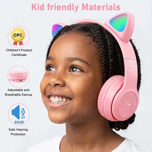 product_image_name-ShebSheb-Cat Ear LED Light Kids Wireless Headphones, Bluetooth Over Ear Headphones with Microphone, TF Card/Wired Foldable Earphones for Girls Boys Gift Age 7+-3