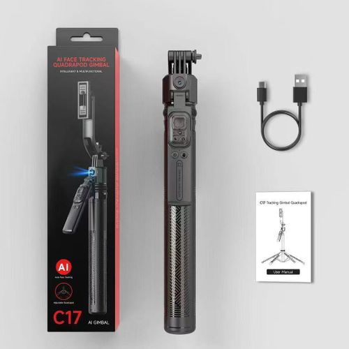 Generic C17 AI Smart Auto Tracking Selfie Stick Tripod with LCD Screen & Remote - Black