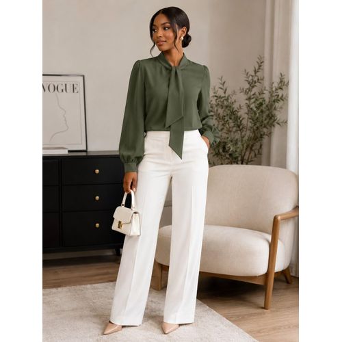 Fashion Women’s Tie-Neck Long-Sleeve Blouse – Olive Green
