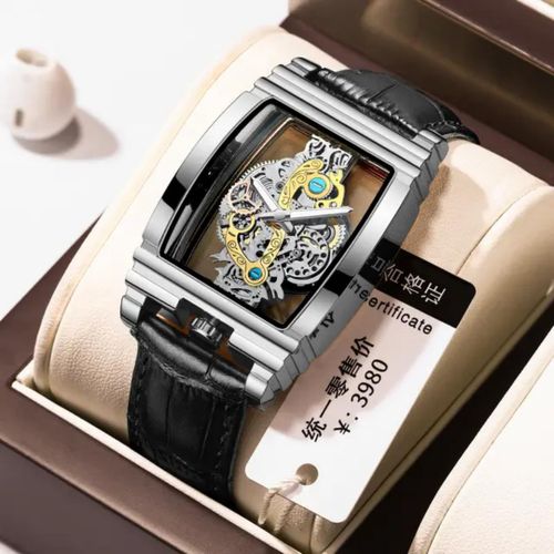 BINBOND Tourbillon Square Skeleton Mechanical Stainless Steel Watch -Black