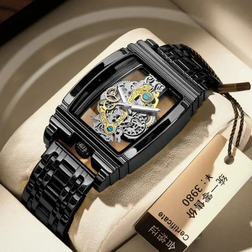 BINBOND Tourbillon Square Skeleton Mechanical Stainless Steel Watch -Black - image 2
