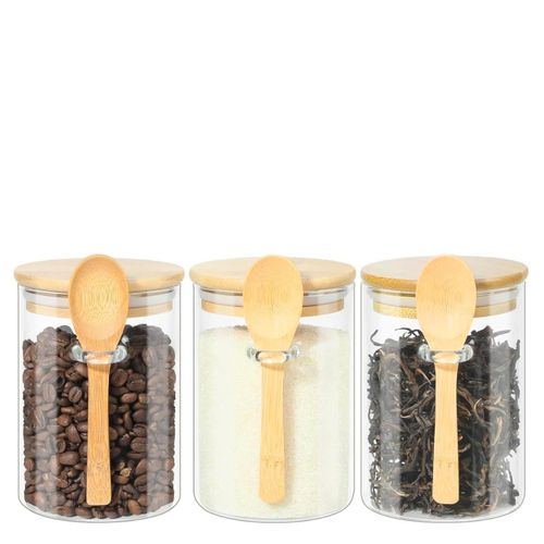product_image_name-Generic-3 Pcs  SetGlass Storage Jars with Bamboo Lid & Spoon Set- Transparent-3