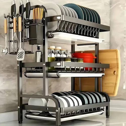 Generic 3-Tier Large Capacity Dish Drying Rack with Drain Trays, Utensil Holder & Cutting Board Storage – Multifunctional Kitchen Organizer