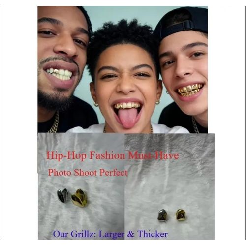 product_image_name-Generic- 4 Sets of Double-tooth Heart-shaped Dental Jewelry - Universal Size Oral Ornaments in Millennial Hip-hop Minimalist Style - Grillz Teeth (Gold)-3