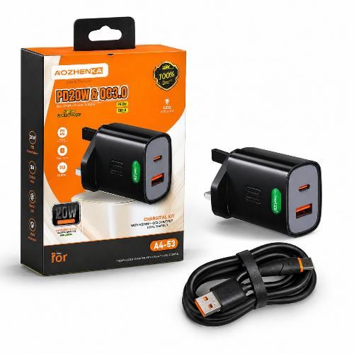 Generic AOZHENKAI 20W PD + QC3.0 Dual-Port Fast Charger with Cable