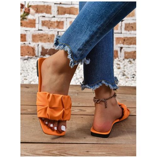 product_image_name-Fashion-Elegant Pleated Strap Ruched Square Toe Flat Slippers - Slip-On Slides - Orange-5